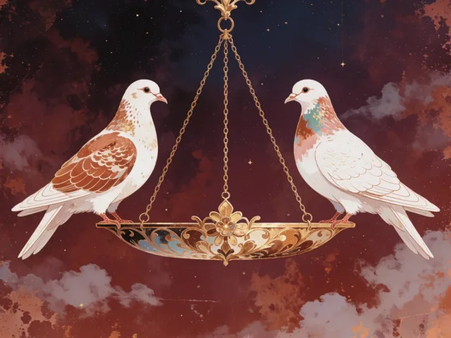 Deux colombes se faisant face de part et d'autre d'une balance d'or fleurie sous un ciel du soir, l'harmonie amoureuse de la Balance