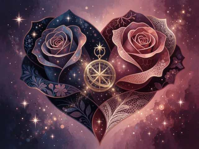 Deux roses entrelacées formant un cœur parfait sous une pluie d'étoiles douces, l'équilibre amoureux de la Balance