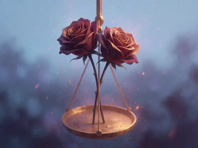 Deux roses élégamment posées sur une balance d'or en parfait équilibre, la grâce et l'harmonie