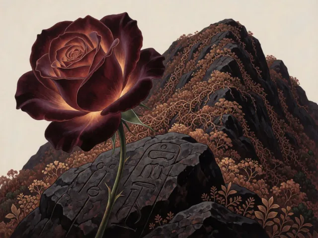 Une rose élégante posée sur une pierre gravée au flanc d'une montagne, la grâce et l'ambition