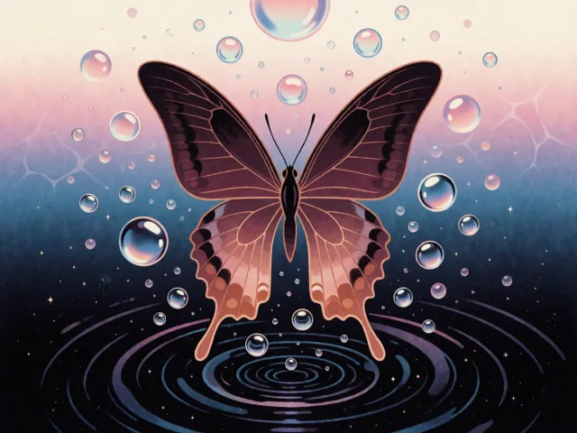 Un papillon de nuit volant au-dessus d'un tourbillon d'eau sombre et étoilée, la légèreté et l'intensité