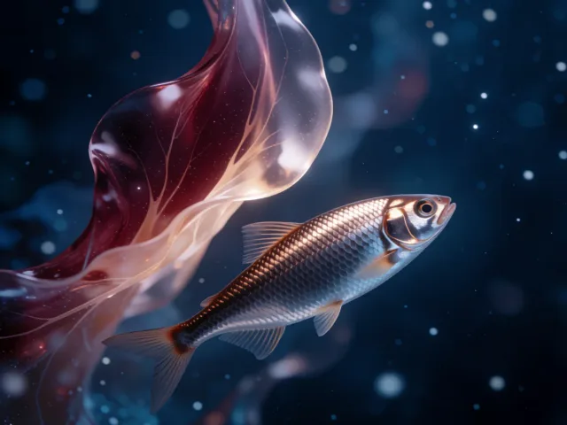 Un poisson d'argent nageant près d'une flamme protectrice dans une eau nocturne étoilée, deux mondes qui se frôlent