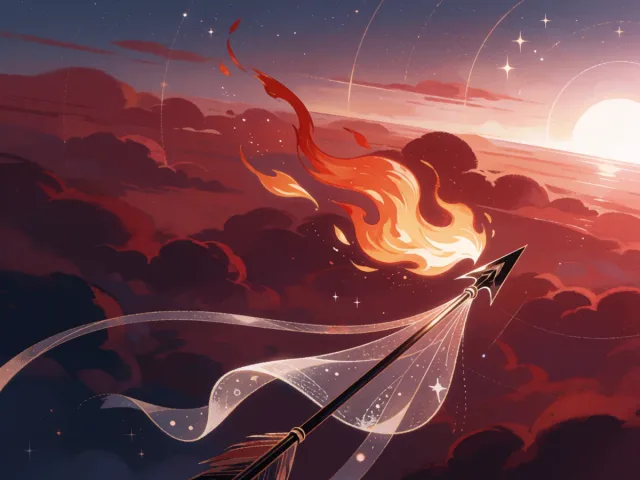 Une flamme et une flèche filant ensemble vers un horizon lumineux au crépuscule, l'élan et l'aventure