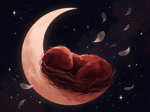Un croissant de lune veillant sur un nid douillet niché dans les étoiles, la tendresse protectrice du Cancer