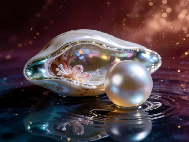Une perle et un coquillage nichés au creux d'une eau paisible et étoilée, la douceur et la profondeur