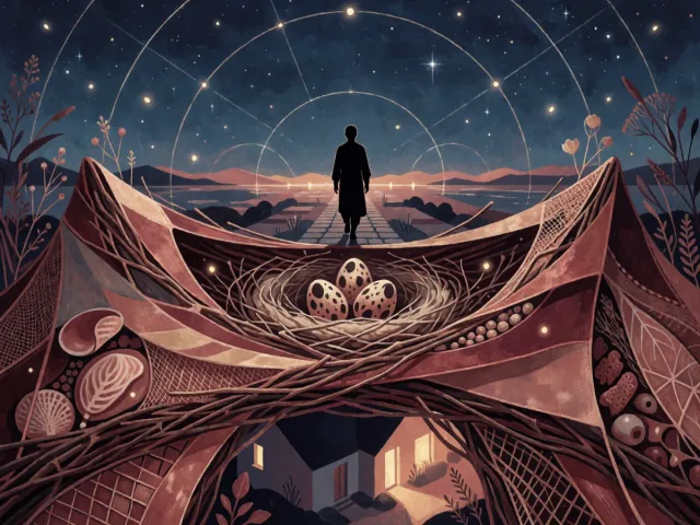 Une maison chaleureuse au premier plan et un chemin filant vers un horizon lumineux sous la lune, le nid et le voyage