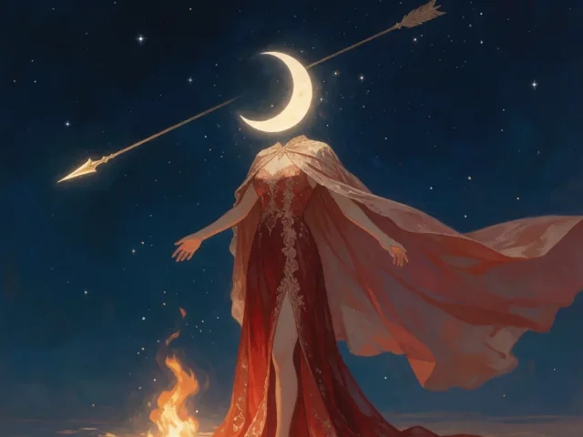 Un foyer allumé veillé par un croissant de lune tandis qu'une flèche file vers les étoiles, l'ancrage et l'appel du large