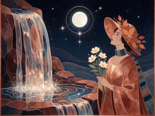 Une source claire coulant près d'un jardin soigneusement entretenu sous la lune, l'émotion et le soin