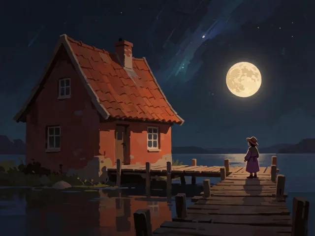 Une maison chaleureuse au bord de l'eau sous un clair de lune argenté, reflets doux et paisibles