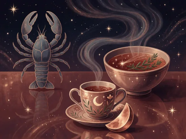 Un bol de tisane apaisante et des herbes douces sous une douce lumière lunaire dans un ciel étoilé, le bien-être du Cancer