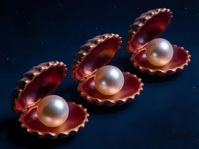 Trois perles nacrées reposant dans des coquillages sous un ciel étoilé, les forces de vie du Cancer