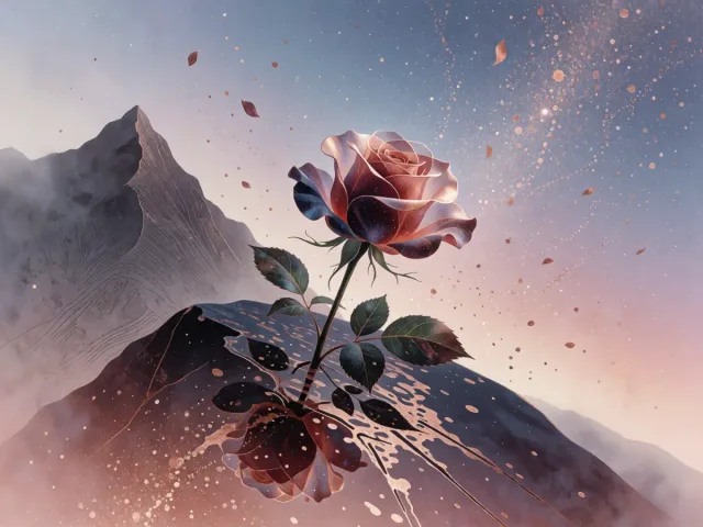 Une rose élégante posée sur une pierre gravée au flanc d'une montagne, la grâce et l'ambition