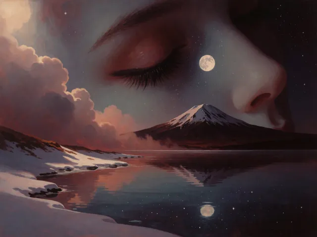 Une eau calme et étoilée baignant le pied d'une montagne enneigée sous la lune, le rêve et l'ancrage