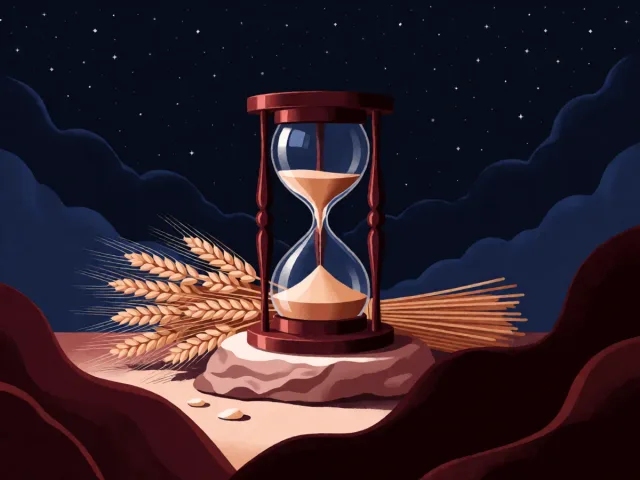 Un sablier posé sur un socle de pierre près d'une gerbe de blé sous un ciel étoilé, le temps et l'abondance