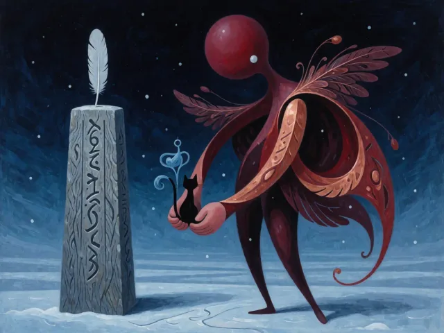 Une plume légère posée sur un socle de pierre gravée sous un ciel d'hiver, le jeu et le sérieux