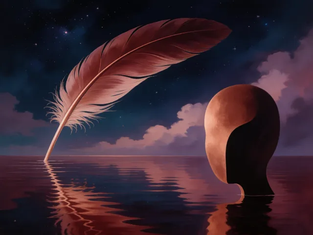 Une plume légère effleurant une eau étoilée et brumeuse, l'esprit et le rêve