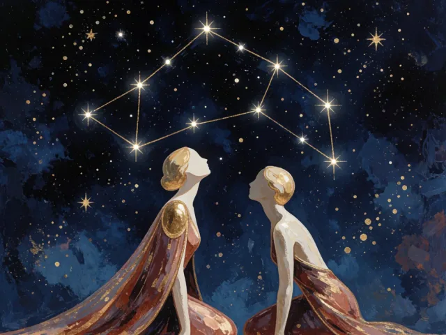 La constellation des Gémeaux tracée en fils d'or sur un ciel bleu nuit, deux silhouettes jumelles stylisées