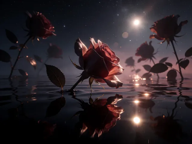 Une rose délicate flottant sur une eau calme et étoilée sous la lune, la grâce et le rêve