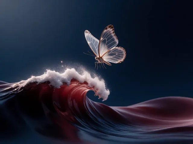 Un papillon volant au-dessus d'une vague écumante et étoilée, la légèreté et la profondeur