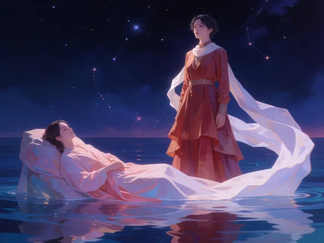 Une eau calme et étoilée baignant une terre fertile au clair de lune, le rêve et l'ancrage