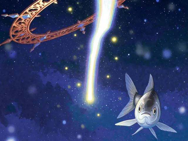 Un poisson d'argent nageant sous un ciel traversé d'un éclair d'énergie bleue, le rêve et l'idéal