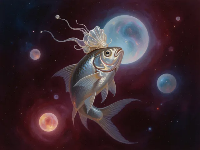 Un poisson d'argent nageant sous un ciel où gravitent des étoiles bleutées et lointaines, la sensibilité et l'idée