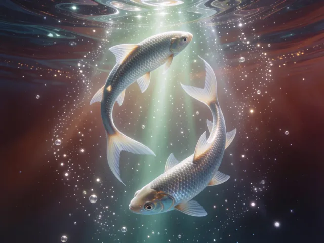 Deux poissons argentés nageant en cercle dans une eau étoilée et onirique, reflets doux et mystiques