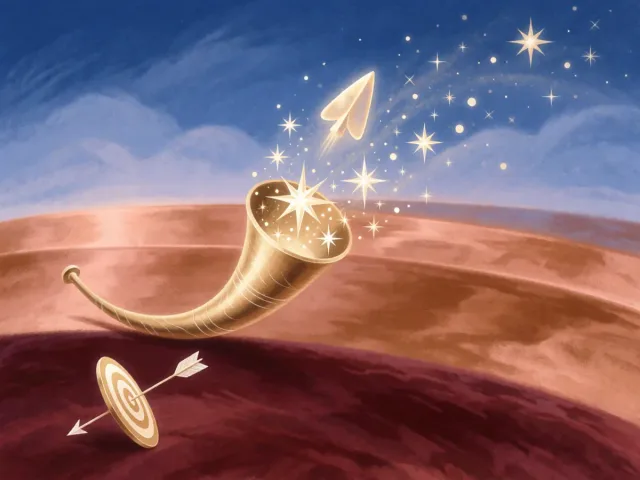 Une corne d'abondance d'or déversant des étoiles au-dessus d'un vaste horizon, la prospérité optimiste du Sagittaire