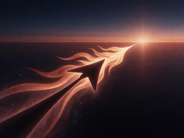 Une flèche et une flamme filant ensemble vers un horizon lumineux au crépuscule, l'aventure et l'élan