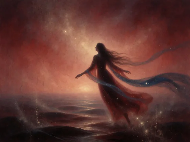 Une flèche filant vers un horizon étoilé au-dessus d'une eau sombre et profonde, la liberté et l'intensité