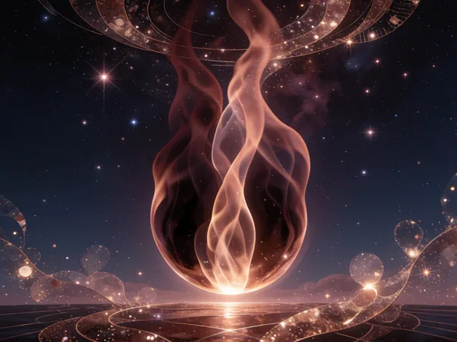 Deux flammes sombres fusionnant en une seule lumière intense sous un ciel constellé, l'union profonde du Scorpion