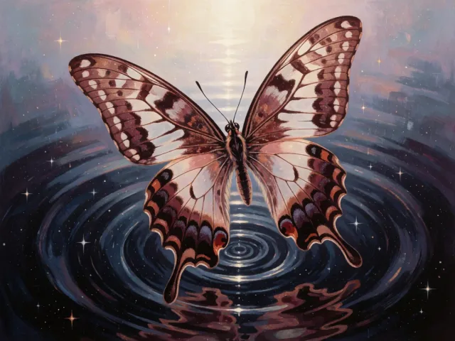 Un papillon de nuit volant au-dessus d'un tourbillon d'eau sombre et étoilée, l'intensité et la légèreté