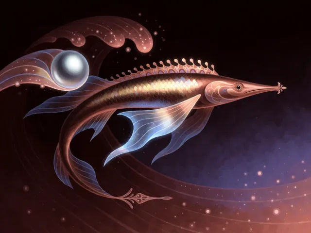 Une perle et un poisson d'argent nichés au creux d'une eau nocturne et étoilée, la force et la grâce