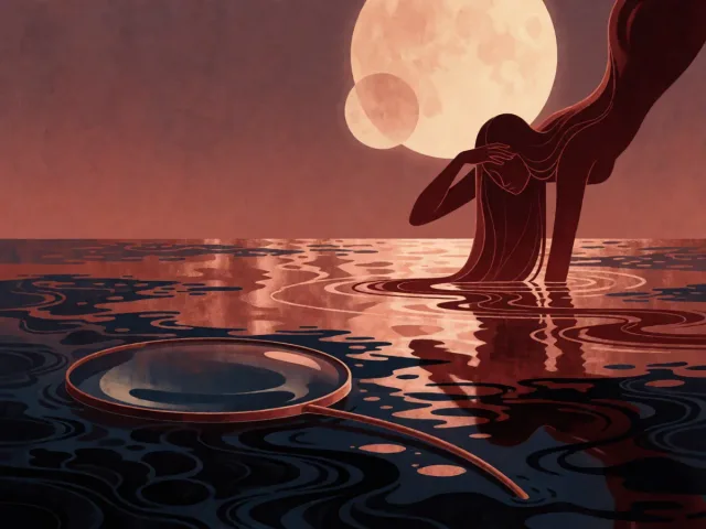 Une eau sombre et profonde près d'une loupe posée sous la lune, la profondeur et l'analyse