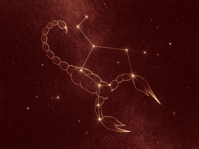 La constellation du Scorpion tracée en fils d'or sur un ciel de nuit bordeaux, dard élégant et étoiles intenses