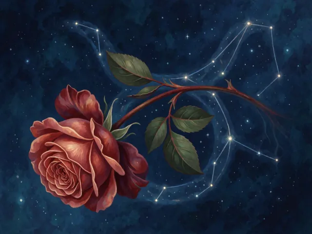 Une rose épanouie posée sur une terre riche sous un ciel du soir, la tendresse enracinée du Taureau