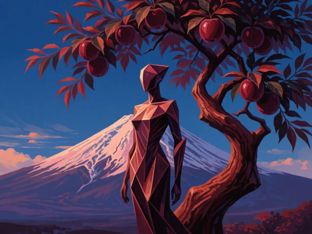 Une pierre taillée et un arbre fruitier au pied d'une montagne dans une lumière dorée, la solidité et la patience