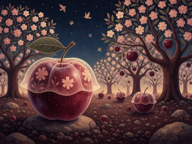 Un verger en fleurs au printemps, une terre riche et un fruit mûr posé sur une pierre, lumière dorée et paisible