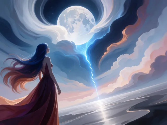 Un éclair d'énergie bleue traversant un ciel au-dessus d'une eau argentée sous la lune, l'idée et l'émotion