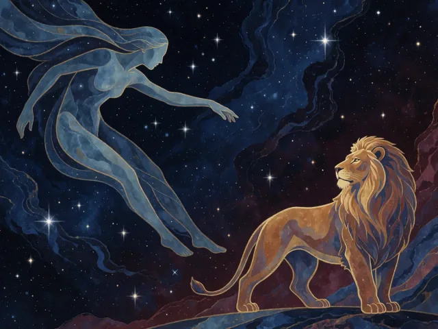 Une constellation bleutée et un lion doré se faisant face dans un ciel étoilé, l'univers et l'individu