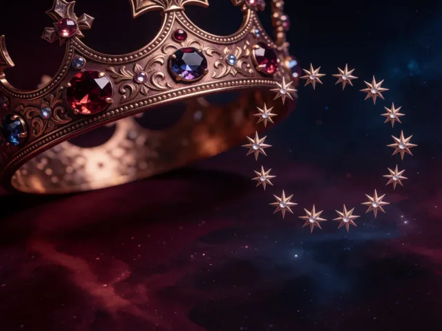 Une couronne dorée posée près d'un cercle d'étoiles égales, la royauté et la fraternité