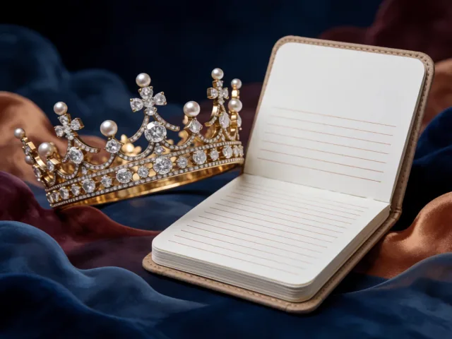 Une couronne dorée posée près d'un carnet de notes méticuleux, le faste et la rigueur