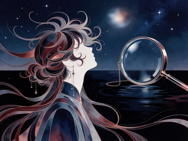 Une loupe posée près d'une eau sombre et profonde sous la lune, l'analyse et la profondeur